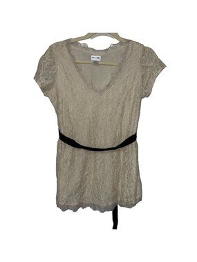 Motherhood Maternity Cream Lace Overlay Top With Black Ribbon Tie